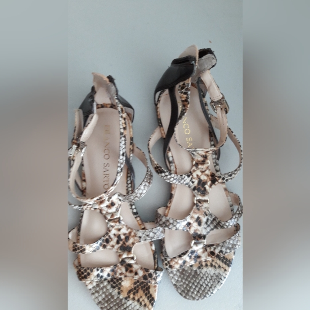 Franco Sarto Sandals w/gold accents. Heel zipper,snake skin print. Brown & crm.